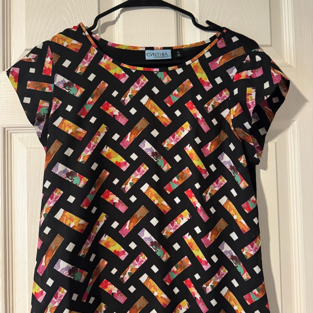 Cynthia Rowley Black Multicolor Geometric Floral Cap Sleeve Top